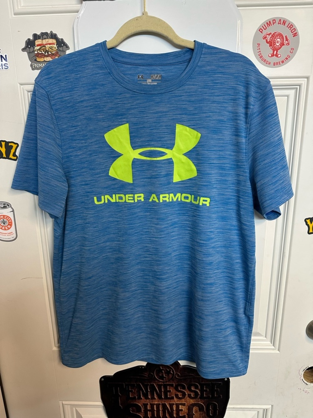 Under Armour Blue Heather Short Sleeve Tee with Neon Yellow Logo